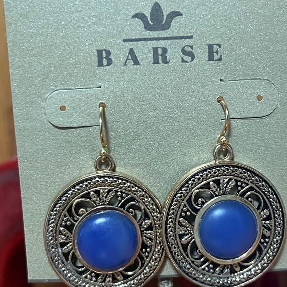 NWT BARSE Genuine Stones Blue Agate and Golden Detail Drop Earrings #BJER - Picture 5 of 11